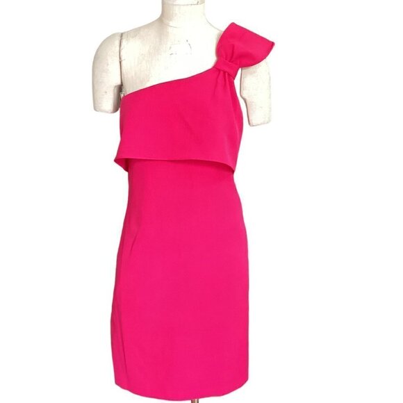 Adrianna Papell Pink One Shoulder Lined Evening Dress Knee Length Sz 6 #196D - Picture 1 of 10